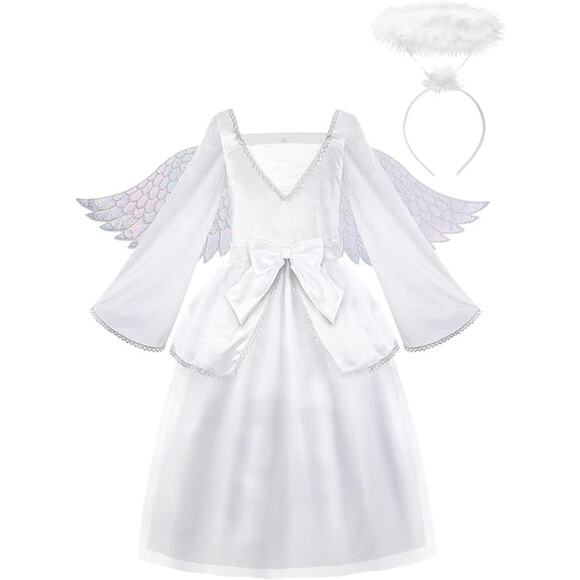 New Angel Costume Kids White Fancy Princess Tulle Dress Wings and Halo size 6-7 - Picture 1 of 6